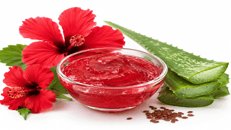 Aloe vera and hibiscus for hair gel made with fresh hibiscus flowers, aloe vera gel.