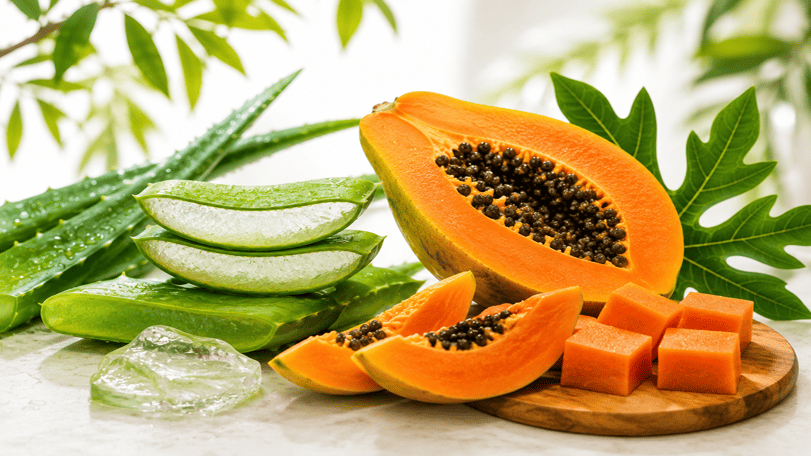 Aloe Vera Papaya Gel ingredients with fresh aloe vera leaves and ripe papaya.