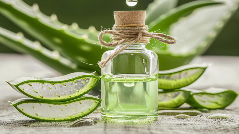Aloe vera leaves and bottle of aloe vera hydrosol.